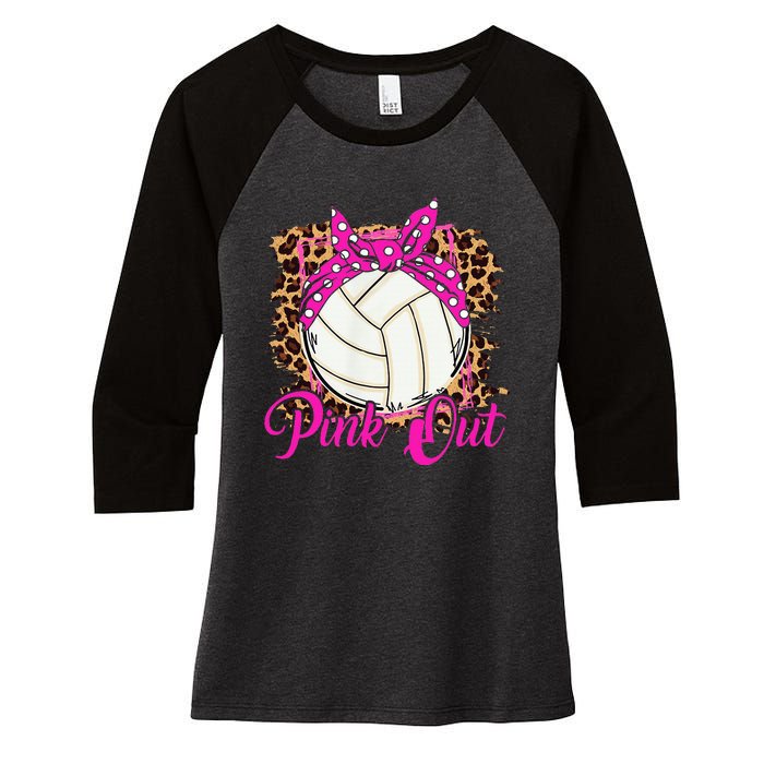 Breast Cancer Ribbon Pink Out Volleyball Pink Ribbon Leopard Women's Tri-Blend 3/4-Sleeve Raglan Shirt