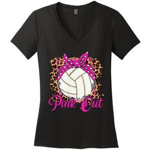 Breast Cancer Ribbon Pink Out Volleyball Pink Ribbon Leopard Women's V-Neck T-Shirt