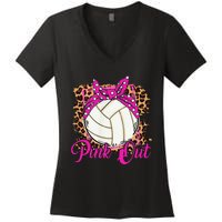 Breast Cancer Ribbon Pink Out Volleyball Pink Ribbon Leopard Women's V-Neck T-Shirt