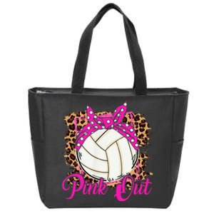 Breast Cancer Ribbon Pink Out Volleyball Pink Ribbon Leopard Zip Tote Bag