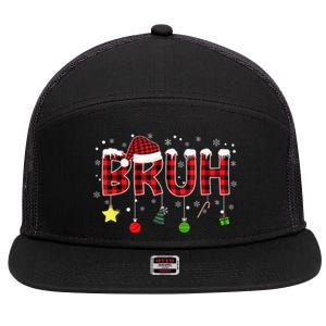 Bruh Christmas Red Plaid Merry Christmas Buffalo Santa Hat Xmas Pajama 7 Panel Mesh Trucker Snapback Hat