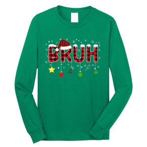 Bruh Christmas Red Plaid Merry Christmas Buffalo Santa Hat Xmas Pajama Long Sleeve Shirt