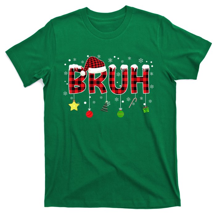 Bruh Christmas Red Plaid Merry Christmas Buffalo Santa Hat Xmas Pajama T-Shirt