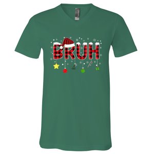 Bruh Christmas Red Plaid Merry Christmas Buffalo Santa Hat Xmas Pajama V-Neck T-Shirt