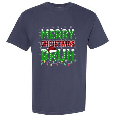 Bruh Christmas Red Green Plaid Merry Christmas Buffalo Santa Hat Pajama Garment-Dyed Heavyweight T-Shirt