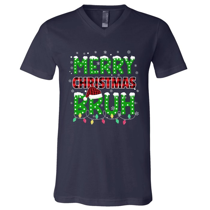 Bruh Christmas Red Green Plaid Merry Christmas Buffalo Santa Hat Pajama V-Neck T-Shirt