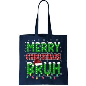 Bruh Christmas Red Green Plaid Merry Christmas Buffalo Santa Hat Pajama Tote Bag