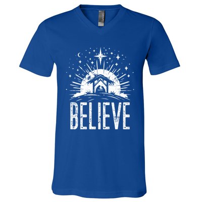 Believe Christmas Religious Nativity Jesus Ger Gift V-Neck T-Shirt