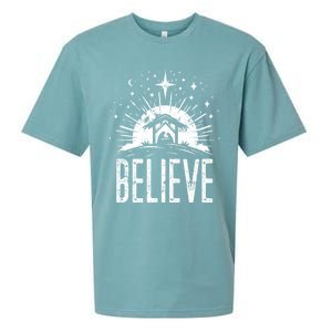 Believe Christmas Religious Nativity Jesus Ger Gift Sueded Cloud Jersey T-Shirt