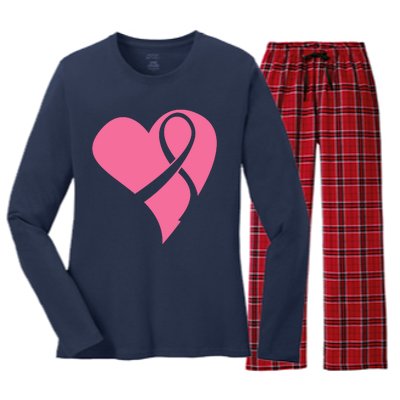 Breast Cancer Ribbon Heart Women's Long Sleeve Flannel Pajama Set 