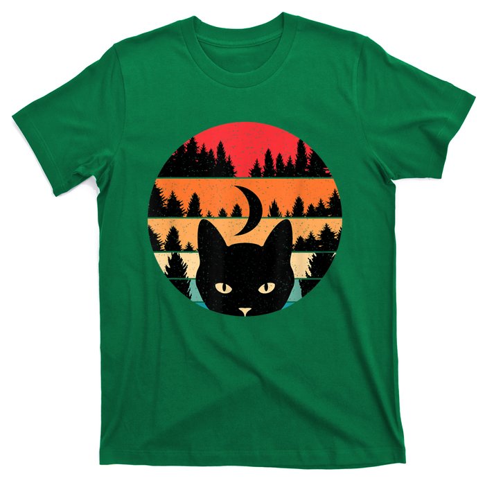 Black Cat Retro Cat Lover Cat Moon Forest T-Shirt