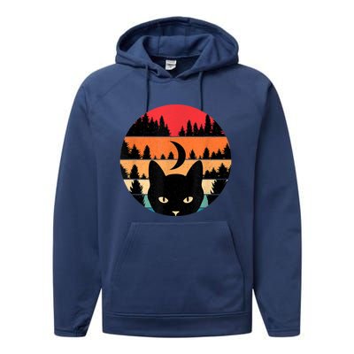 Black Cat Retro Cat Lover Cat Moon Forest Performance Fleece Hoodie