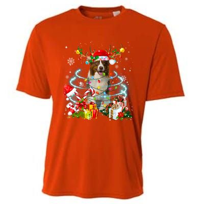 Border Collie Reindeer Christmas Tree Lights Pajama Dog Xmas Gift Cooling Performance Crew T-Shirt