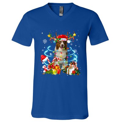 Border Collie Reindeer Christmas Tree Lights Pajama Dog Xmas Gift V-Neck T-Shirt