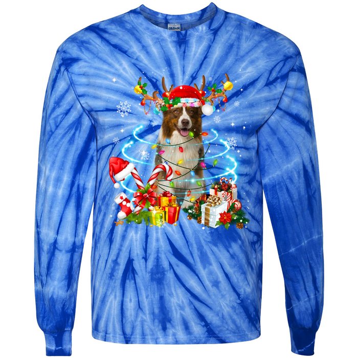 Border Collie Reindeer Christmas Tree Lights Pajama Dog Xmas Gift Tie-Dye Long Sleeve Shirt