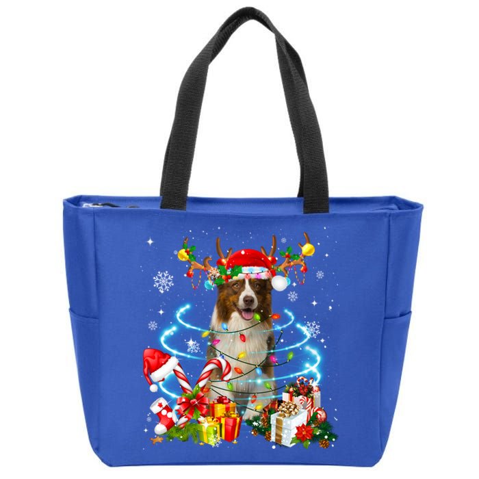 Border Collie Reindeer Christmas Tree Lights Pajama Dog Xmas Gift Zip Tote Bag