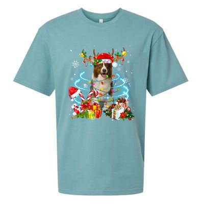 Border Collie Reindeer Christmas Tree Lights Pajama Dog Xmas Gift Sueded Cloud Jersey T-Shirt