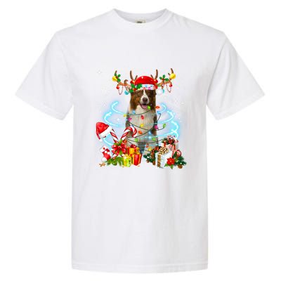 Border Collie Reindeer Christmas Tree Lights Pajama Dog Xmas Gift Garment-Dyed Heavyweight T-Shirt