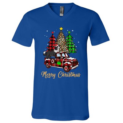 Border Collie Riding Red Truck Xmas Merry Christmas Gift V-Neck T-Shirt