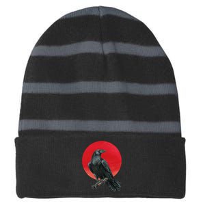 Black Crow Red Moon Striped Beanie with Solid Band