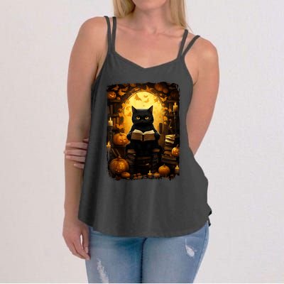 Black Cat Reading Books Pumpkin Autumn Teachers Halloween Women's Strappy Tank