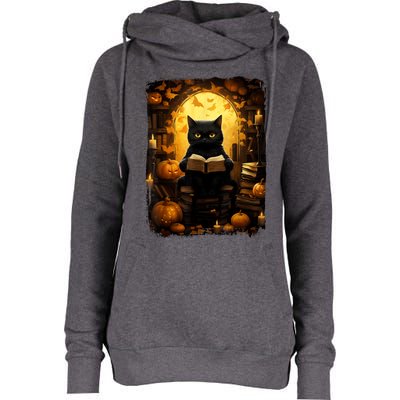 Black Cat Reading Books Pumpkin Autumn Teachers Halloween Womens Funnel Neck Pullover Hood