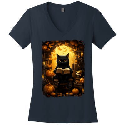 Black Cat Reading Books Pumpkin Autumn Teachers Halloween Women's V-Neck T-Shirt