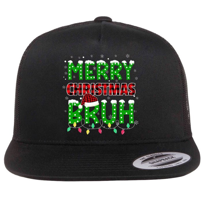 Bruh Christmas Red Plaid Teens Xmas Pajama Flat Bill Trucker Hat