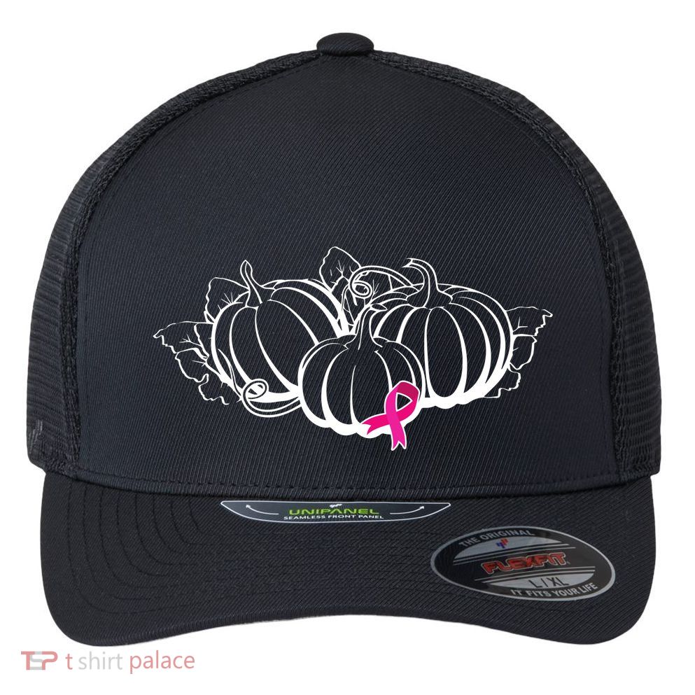 Breast Cancer Ribbon Pumpkin Fall Flexfit Unipanel Trucker Cap