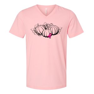 Breast Cancer Ribbon Pumpkin Fall V-Neck T-Shirt