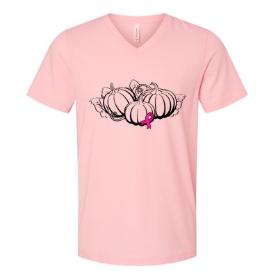 Breast Cancer Ribbon Pumpkin Fall V-Neck T-Shirt