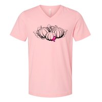 Breast Cancer Ribbon Pumpkin Fall V-Neck T-Shirt