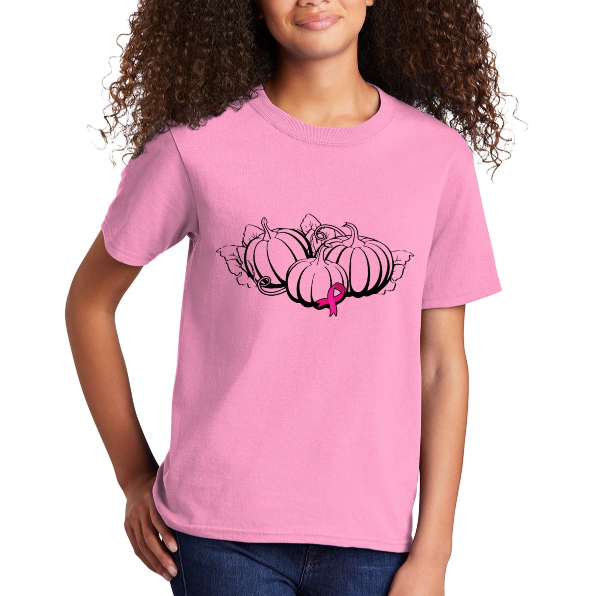 Breast Cancer Ribbon Pumpkin Fall Kids T-Shirt