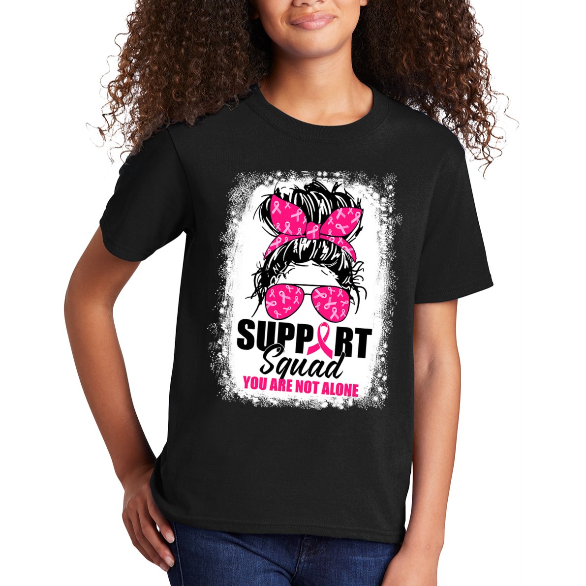 Breast Cancer Support Squad Messy Bun Warrior Awareness Kids T-Shirt