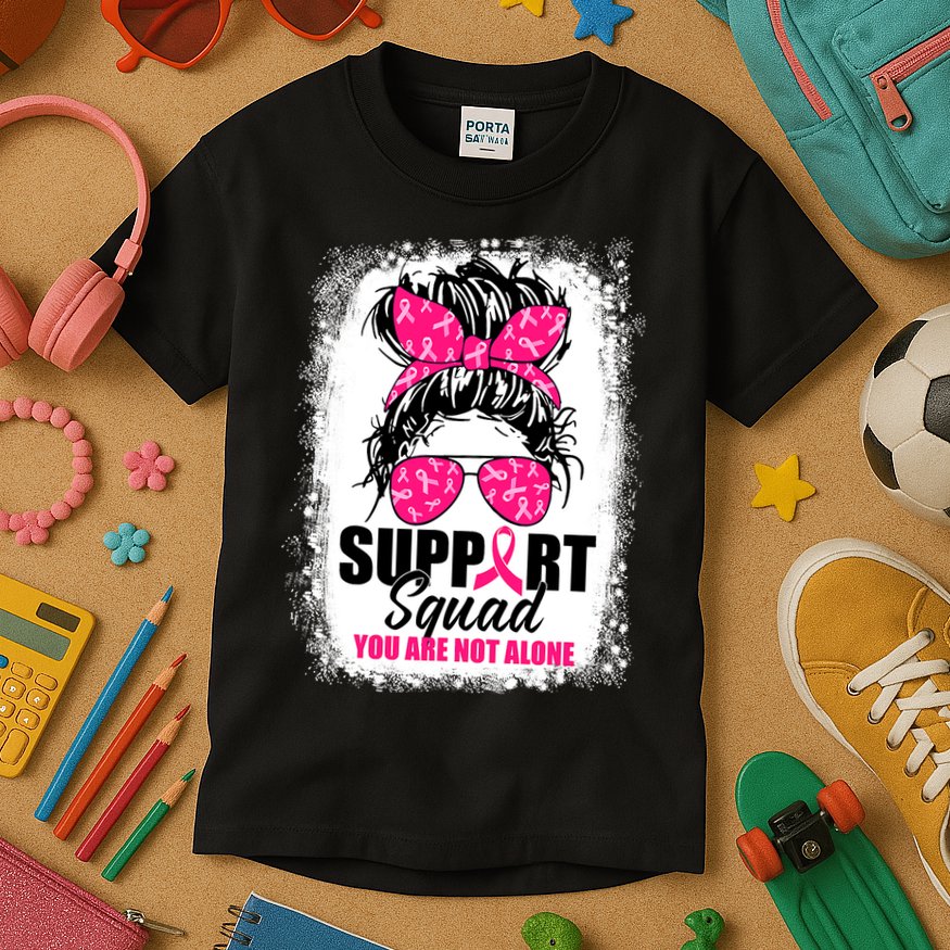 Breast Cancer Support Squad Messy Bun Warrior Awareness Kids T-Shirt