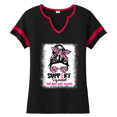 Breast Cancer Support Squad Messy Bun Pink Warrior Awareness Ladies Halftime Notch Neck Tee