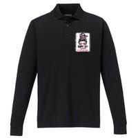 Breast Cancer Support Squad Messy Bun Pink Warrior Awareness Performance Long Sleeve Polo