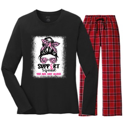 Breast Cancer Support Squad Messy Bun Pink Warrior Awareness Women's Long Sleeve Flannel Pajama Set 