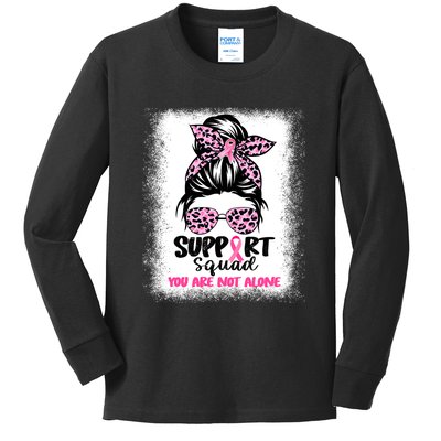 Breast Cancer Support Squad Messy Bun Pink Warrior Awareness Kids Long Sleeve Shirt