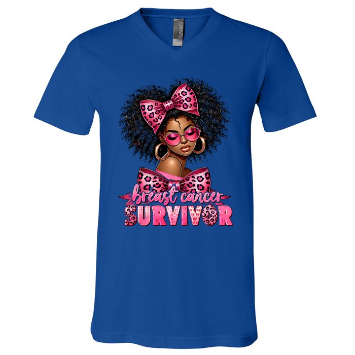 Breast Cancer Survivor Afro Queen Black Ribbon V-Neck T-Shirt