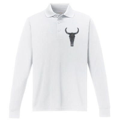 Boho Cow Skull Western Steer Skull Cowgirl Rancher Performance Long Sleeve Polo