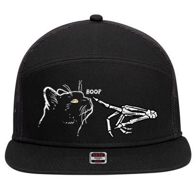 Black Cat Skeleton Hand Boop Halloween Pet 7 Panel Mesh Trucker Snapback Hat