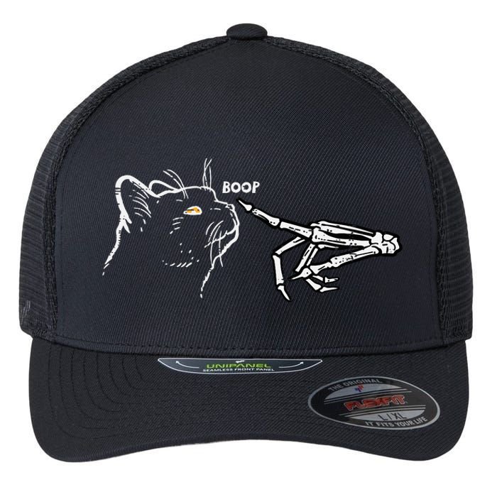 Black Cat Skeleton Hand Boop Halloween Pet Flexfit Unipanel Trucker Cap