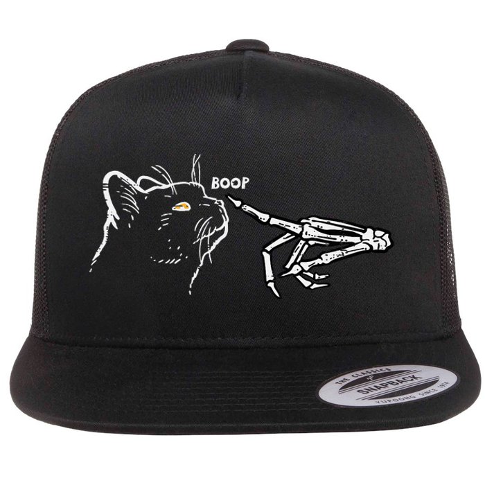 Black Cat Skeleton Hand Boop Halloween Pet Flat Bill Trucker Hat