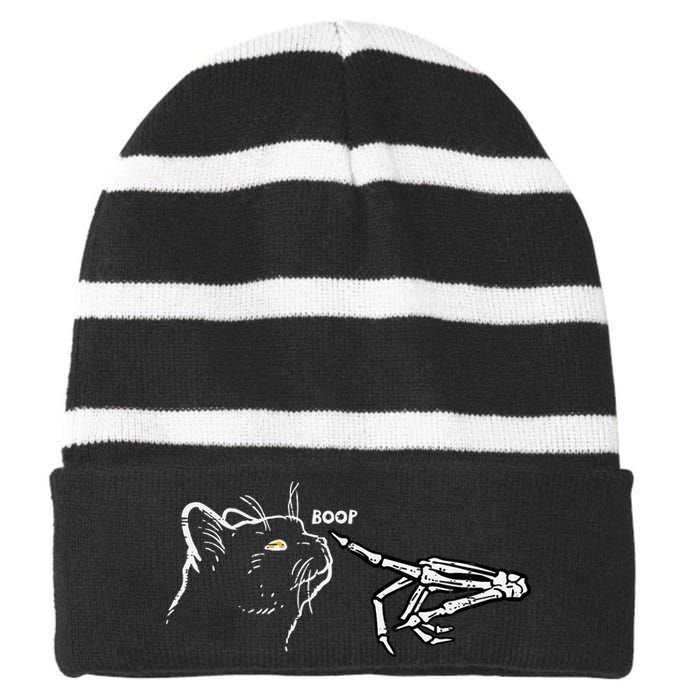 Black Cat Skeleton Hand Boop Halloween Pet Striped Beanie with Solid Band