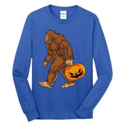 Bigfoot Carrying Scary Pumpkin Funny Sasquatch Halloween Tall Long Sleeve T-Shirt