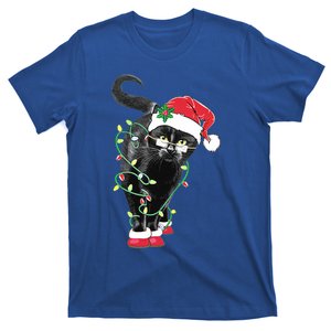 Black Cat Santa Tangled Up In Christmas Lights Gift Great Gift T-Shirt