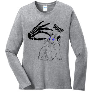 Black Cat Skeleton Hand Boop Halloween Pet Gift Ladies Long Sleeve Shirt