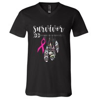 Breast Cancer Survivor Warrior Pink Breast Cancer Ribbon V-Neck T-Shirt