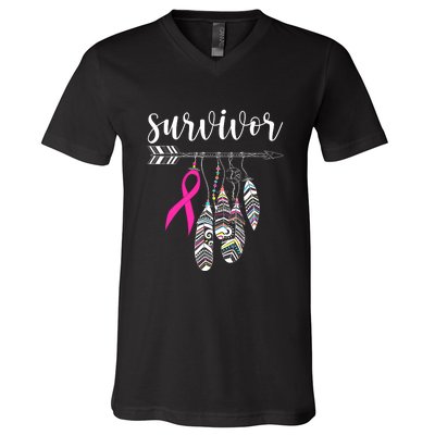 Breast Cancer Survivor Warrior Pink Breast Cancer Ribbon V-Neck T-Shirt